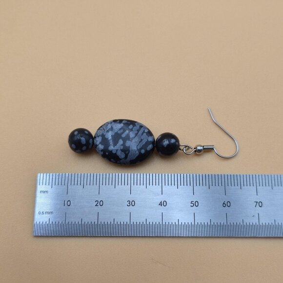 Silver Plated Over Copper Snowflake Obsidian Stone Vintage Earrings A5983 - Picture 4 of 5